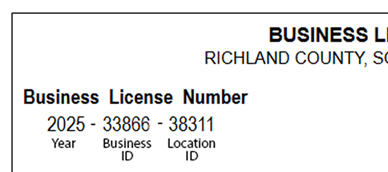 a business license example showing year, business ID and location ID