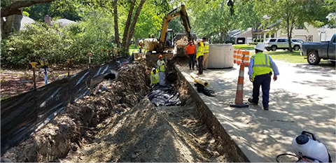 crew working with trench digging equipment in a tree-lined neighborhood