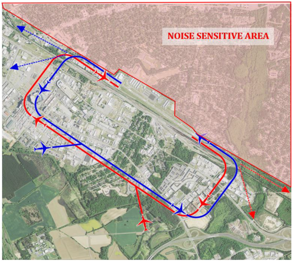 airport map depicts noise abatement procedure for surrounding neighborhoods